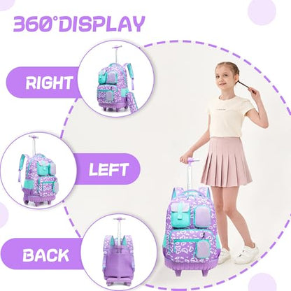 Meetbelify Rolling Backpack for Girls Boys Backpacks with Wheels Kids Carry on Luggage for Girls Boys - color: Girl Purple Love