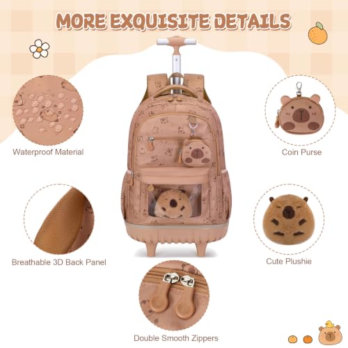 Capybara Theme Rolling Backpack with Lunch Bag & Pencil Case, Kids Rolling Backpack for Girls, Wheeled School Bookbag with Telescoping Handle for Kindergarten Elementary Middle High School - color: Brown