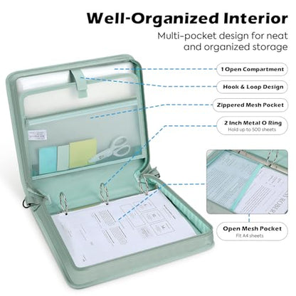 MoKo Zipper Binder, 2-Inch 3 Ring Binder with Multi-Pocket, 500 Sheet Capacity 5 Tab Expanding File Folder, Zipper Bag for School Office, Handle & Shoulder Strap - Green - color: Green