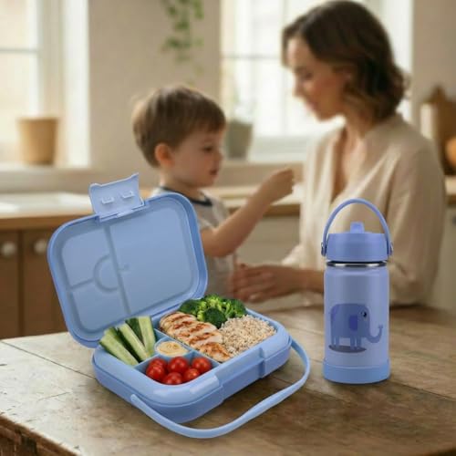 Bento Midi Lunch Box with carrying handle – 4 No-Mix Compartments | Microwave & Dishwasher Safe,Removable Tray | 900ML OZ (Blue Dark Ice) - color: Blue Dark Ice