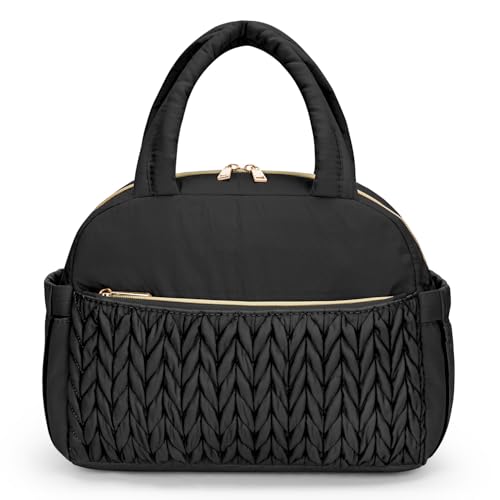 Coobiiya Cotton Quilted Lunch Bag,Cute Insulated Puffer Lunch Box for Women | Large Capacity Thermal Waterproof Cooler Bag for Work Picnic Travel - color: Black Woven Cotton