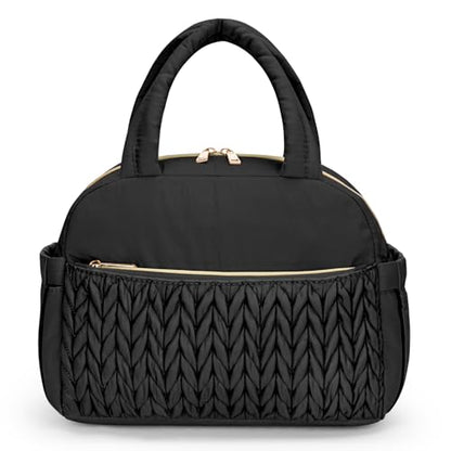 Coobiiya Cotton Quilted Lunch Bag,Cute Insulated Puffer Lunch Box for Women | Large Capacity Thermal Waterproof Cooler Bag for Work Picnic Travel - color: Black Woven Cotton