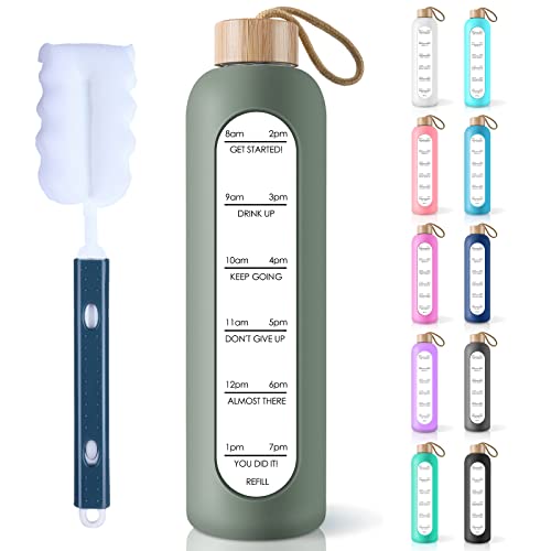 PROBTTL 32 Oz Borosilicate Glass Water Bottle with Time Marker Reminder Quotes, 1 Liter Leak Proof Reusable BPA Free Motivational Water Bottles with Silicone Sleeve and Bamboo Lid (Olive) - color: Olive, size: 32 Ounces