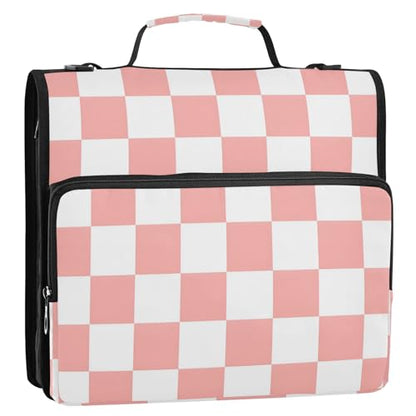 3 Ring Zipper Binder With Shoulder Strap Documents Storage Organizer Animal Dog - color: Pink White Checked Pattern