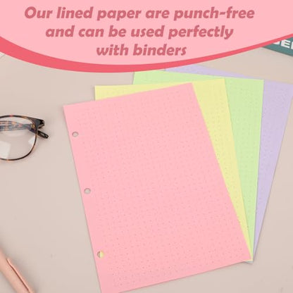 200 sheet Half Letter Dotted Refill Paper 3 Hole Punch 5-1/2 x 8-1/2 College Ruled Dot Grid Paper Refill Colored Mini Binder Paper Planner Inserts Fits Mini 3 Ring Binder Refills Office - style: Dotted