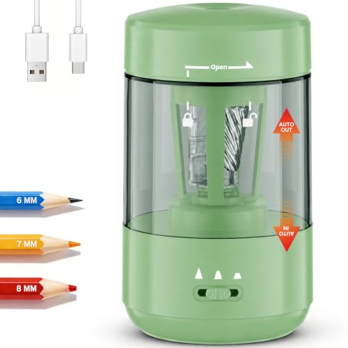 Electric Pencil Sharpener for Classroom, Fully Automatic Pencil Sharpener for 6-8mm Pencils & Colored Pencils, Auto in & Out, Type-C Rechargeable Pencil Sharpeners for Home, School, Green - color: Green