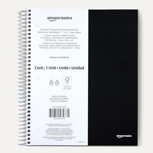 Amazon Basics College Ruled 5-Subject Spiral Notebook, 200 Sheets, 9" x 11", Black - color: Black, style: College Ruled 200 Sheets
