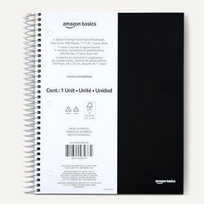 Amazon Basics College Ruled 5-Subject Spiral Notebook, 200 Sheets, 9" x 11", Black - color: Black, style: College Ruled 200 Sheets