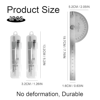 Protractor and Compass Set - 10cm (3.94 Inch) Stainless Steel Angle Finder with 2 Metal Compasses, 180° Adjustable Two Arm Ruler for Geometry, Woodworking, Engineering & School Supplies