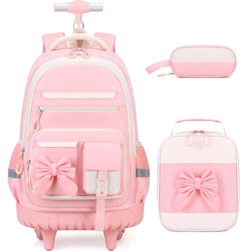DIGOBAY Rolling Backpack for Girls, Cute Roller School Bag with Wheels, Kids Wheeled Backpacks Set with Lunch Bag Pencil Case for Teen Girls Kindergarten Elementary Middle School - color: Beige-pink