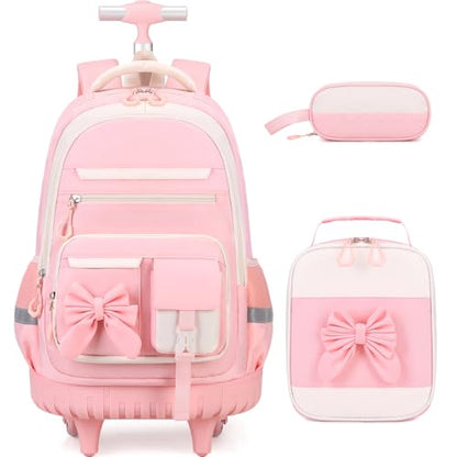 DIGOBAY Rolling Backpack for Girls, Cute Roller School Bag with Wheels, Kids Wheeled Backpacks Set with Lunch Bag Pencil Case for Teen Girls Kindergarten Elementary Middle School - color: Beige-pink