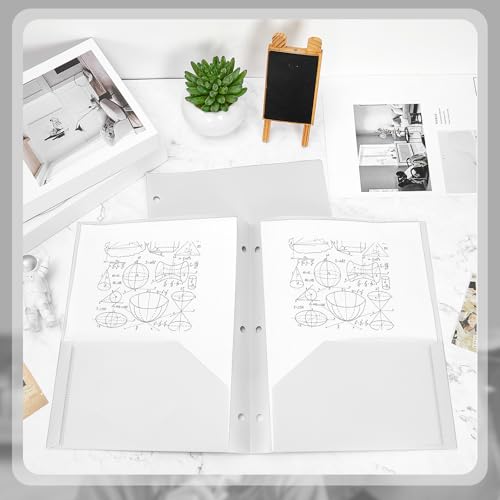 Yeaqee 50 Pcs Plastic Folders with Pockets Bulk 3 Hole Punched 2 Pocket File Folders for 3 Ring Binder Divider Folder for Notebooks, Durable Poly for Office Home (White) - color: White