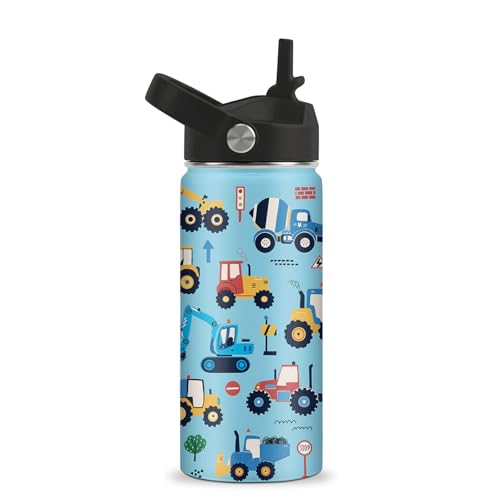 Construction Truck Water Bottle - 16oz Truck Stainless Steel Water Bottle with Straw - Construction Trucks Insulated Cup for Boys Girls - Trucks Kids Tumbler for School, Sports, Travel - color: Construction Truck01, size: 16 Ounces