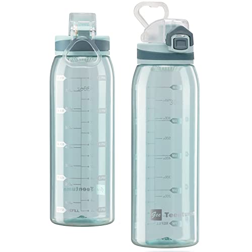 30oz Sport Water Bottle with Time Markers, Large Durable Gym Clear Plastic Bottle Tritan BPA Free for Fitness, Outdoor Enthusiasts, Leakproof Green (Pack of 1) - color: Clear Green