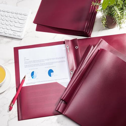 Cholemy 72 Packs Pocket Folders with Prongs Heavy Duty Plastic Folder with Business Card Slot 3 Prong Fasteners for School Office (Burgundy) - color: Burgundy