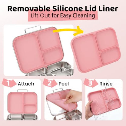 Pawtong Stainless Steel Bento Box for Kids and Adults, 3 Compartment Leakproof Lunch Box with Removable Silicone Seal and Silicone Contianer, Metal Lunch Container for School, Work and Travel (Pink) - color: Pink