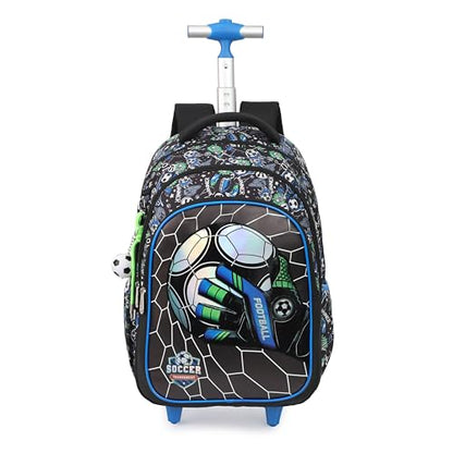 Cartoon Rolling Backpack for Boys Girls, Kids 5 Pcs Wheeled Backpack, Travel Backpack for Elementary Students (Football Black) - color: Football Black