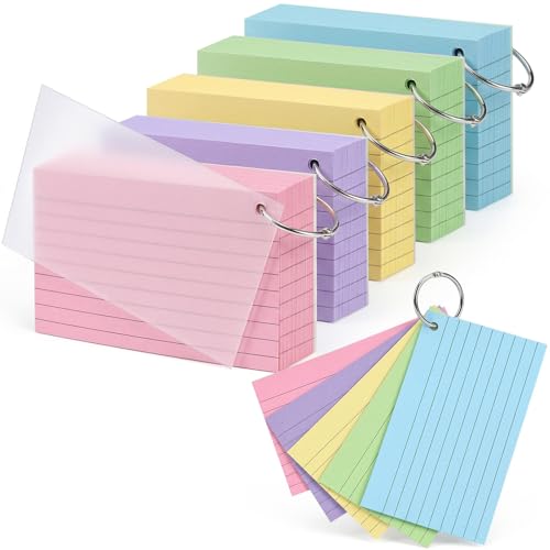 Index Cards 3x5 Inch with Key Ring, 500PCS Colored Lined Flash Cards with Ring for Studying, Portable Ruled Notecards Note Taking for Students, Teachers, Office Home School, 5 Colors