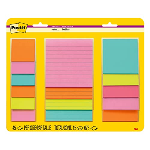 Post-it Super Sticky Notes, Assorted Sizes, 15 Pads, 2X The Sticking Power, Supernova Neons Collection, Neon Colors (Orange, Pink, Blue, Green), Recyclable (4423-15SSMIA), (Pack of 12) - size: 12 Pack