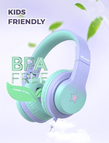 iClever HS19S Kids Headphones, 85dBA Safe Volume Limiter - Over Ear Stereo Headphones for Kids Boys Girls, Foldable 3.5mm Jack Wired Headphone for iPad/Tablet/School/Travel - color: Purple Star