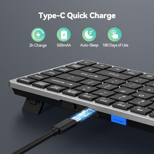 TECKNET Bluetooth Keyboard Rechargeable, 4-Device (2.4G+3BT) Wireless Keyboard, Small Ultra-Slim Keyboard, 14 Hotkeys Computer Keyboard for PC/Laptop/Tablet/iPad, Sliver-Black - color: Sliver-black