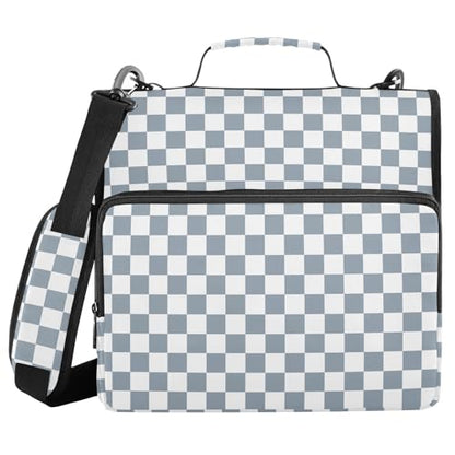 Blue and White Checkered Binder Bag 3 Ring Zipper Binders with Shoulder Strap for School Office Organizer Storage - color: Q002