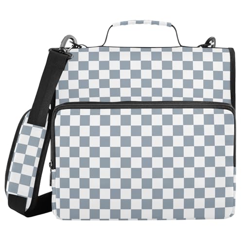 Blue and White Checkered Binder Bag 3 Ring Zipper Binders with Shoulder Strap for School Office Organizer Storage - color: Q002