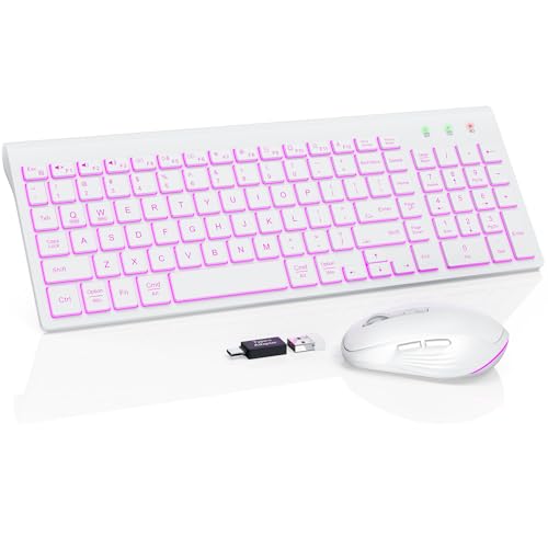 SABLUTE Wireless Keyboard and Mouse Combo Backlit - Compact Quiet Keyboard with RGB Mouse, Rechargeable, Slim, Sleep Mode, Portable Cordless Set for Mac, Windows, Laptop, PC (Polar White) - color: Polar White