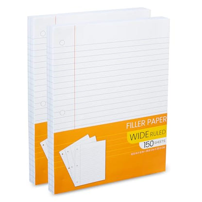 Notebook Paper Wide Ruled, Loose Leaf Paper Wide Ruled Notebook Binder Paper Bulk, Lined Filler Paper for 3 Ring Binders - 10.5” X 8", for Student, College, School - 150 Sheets - (2 Pack) - style: 2 Pack