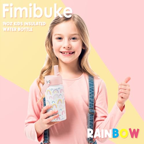 Fimibuke Kids Insulated Water Bottle, 14oz BPA FREE 18/8 Stainless Steel Travel Tumbler Double Wall Vacuum Leak Proof Kids Cup with Straw Metal Water Bottle for School Boys Girls(1 Pack, Rainbow) - color: A1. RAINBOW