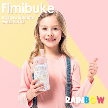 Fimibuke Kids Insulated Water Bottle, 14oz BPA FREE 18/8 Stainless Steel Travel Tumbler Double Wall Vacuum Leak Proof Kids Cup with Straw Metal Water Bottle for School Boys Girls(1 Pack, Rainbow) - color: A1. RAINBOW