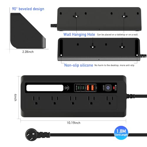 Desk Extension Lead with USB Slots, BOCHLION PD 35W + PD 20W Fast Charging Power Station with Night Light, 5 Way Plug Extension Socket Surge Protector, Desktop Power Strip 1.8M for Home Office (Black) - color: Black