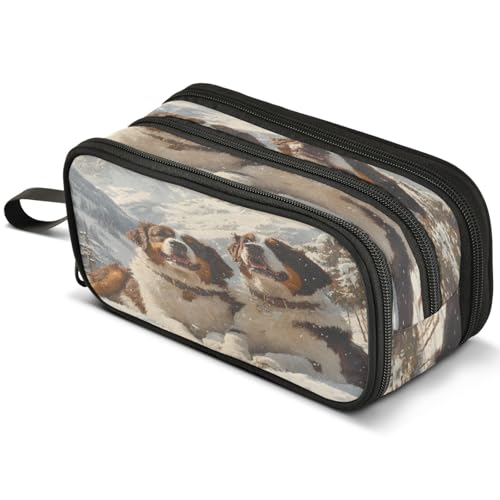 ALAZA Winter Bernard Large Pencil Case, Pen Pouch Pencil Bag with 3 Compartments Pen Holder Organizer Stationery Bag - color: Bernard