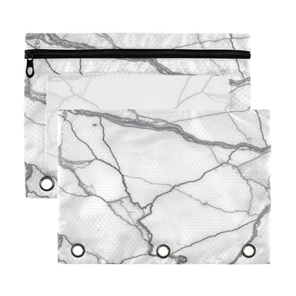 Kcldeci Pencil Pouch for 3 Ring Binder, White Gray Marble Stone 2 Pack Binder Pencil Pouch with Clear Window Pencil Bags with Zipper Pencil Case for Binder - color: A03