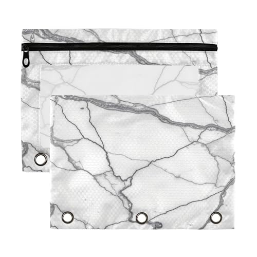 Kcldeci Pencil Pouch for 3 Ring Binder, White Gray Marble Stone 2 Pack Binder Pencil Pouch with Clear Window Pencil Bags with Zipper Pencil Case for Binder - color: A03