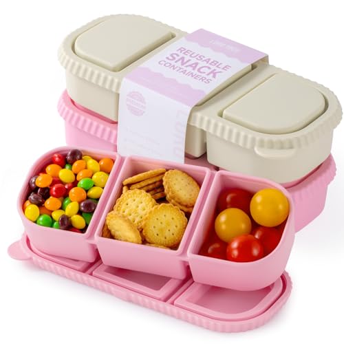 2Pack Silicone Reusable Snack Containers with Lids | Small 3-Compartment Snackle Box |Perfect for Kids Lunch, Sauce, Food Storage at School, Work, Travel - color: 3-Compartment (2-Pack)-Apricot,pink
