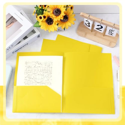 Gueevin 50 Pcs Plastic Folders with Pockets, Back to School Two Pocket Folder Fit Letter Size, Heavy Duty School Business Card Holder for Home Office, 11. 61 x 9. 45 Inches (Yellow) - color: Yellow