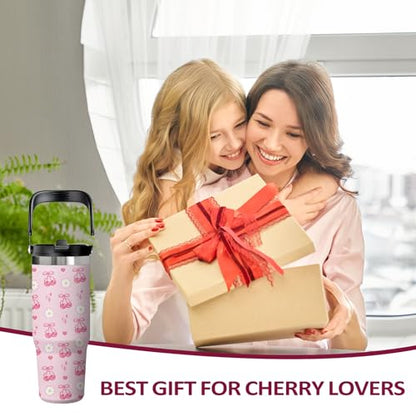 Pink Cherry Tumbler 30oz with Handle - Stainless Steel Insulated Cup, Leakproof Water Bottle with Cherry Design for Women & Girls, Perfect Birthday Christmas Gift - color: Pink cherry, size: 30 Ounces