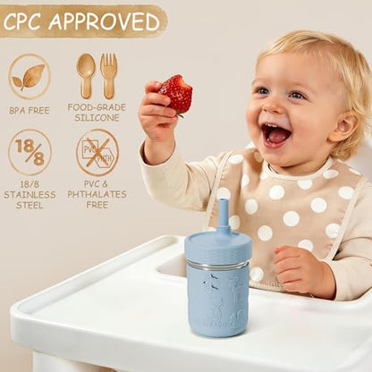 Fimibuke Toddler Cups Spill Proof, 8 OZ Sippy Cups for Kids Girl Boy, Stainless Steel Tumbler with Lid, Removable Silicone Straw & Sleeve, BPA Free Dishwasher Safe Water Bottle Snack Container 2 Pack - color: Purple/Blue, size: 8 Ounces
