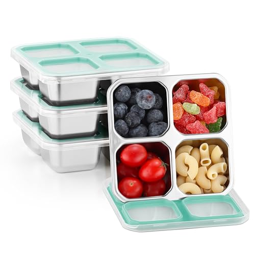 BEFOY 4 Pack Stainless Steel Snack Containers with Lids 4 Compartment Food Storage Containers for Adults & Kids Meal Prep Containers Reusablele (BLUE, 4) - color: Blue, size: 4