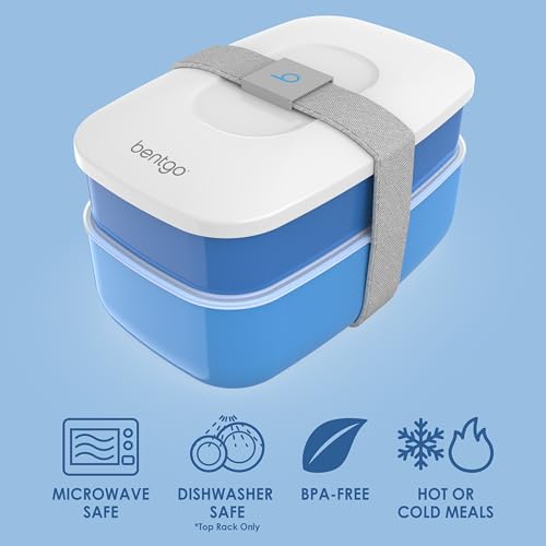 Bentgo Classic - Adult Bento Box, Stackable 3-Compartment Lunch Box with Removable Utensil Set and Sealing Strap, BPA-Free, Food Container Ideal for Meal Prep, Work, and On the Go (Blue) - color: Blue