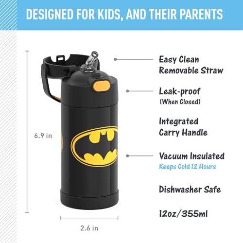THERMOS FUNTAINER Water Bottle with Straw - 12 Ounce - Kids Stainless Steel Vacuum Insulated Water Bottle with Lid, Batman - color: Batman