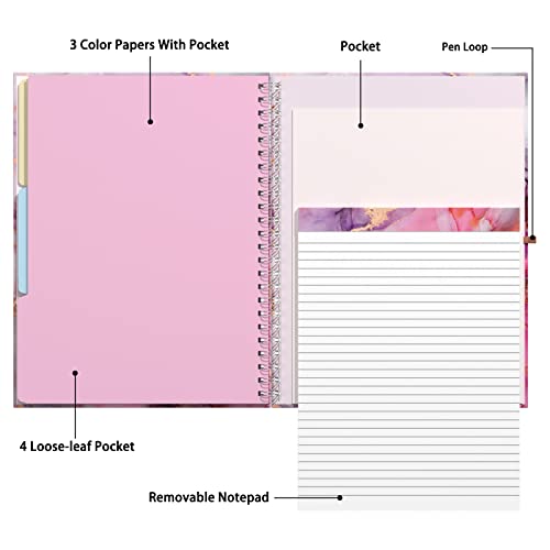 Rimilak Spiral Clipboard Folio with Refillable Lined Notepad, 14.5 x 9.8 in, Hardcover Cover with 5 Interior Pockets, Elastic Band and Pen Loop Series. Cute Stylish Clipfolio, Pink Gold Marble - color: Pink Flow Marble