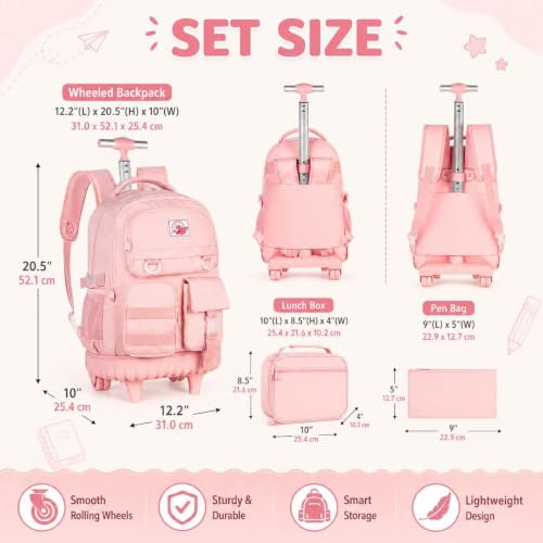 CCJPX Rolling Backpack for Girls Women, 21 inch Roller Wheels School Bookbag, Wheeled Suitcase Backpacks with Lunch Bag for Teen - Pink - color: Pink