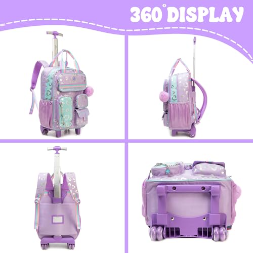 Kids Rolling Backpack with Wheels for Girls Roller Travel Luggage Kids Carry on School Backpack for Girls Ages 6-8 Purple - color: A Purple Love