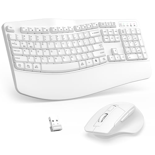 Wireless Keyboard and Mouse Combo, 2.4G Full Size Wave Keys Ergonomic Keyboard with Wrist Rest and 3-Level DPI Adjustable Wireless Ergonomic Mouse for Windows, Mac OS Desktop/Laptop/PC(White) - color: White