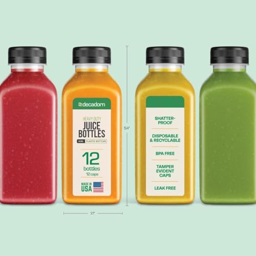 DECADORN 8oz 12pcs Plastic Bottles With Caps - Juicing Bottles For Juicing - MADE IN USA Clear Mini Bottle With Lids - Drink Container - Shatterproof, BPA-Free, Leak proof, Disposable & Recyclable - size: 8 oz 12 Pack