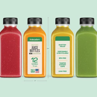 DECADORN 8oz 12pcs Plastic Bottles With Caps - Juicing Bottles For Juicing - MADE IN USA Clear Mini Bottle With Lids - Drink Container - Shatterproof, BPA-Free, Leak proof, Disposable & Recyclable - size: 8 oz 12 Pack