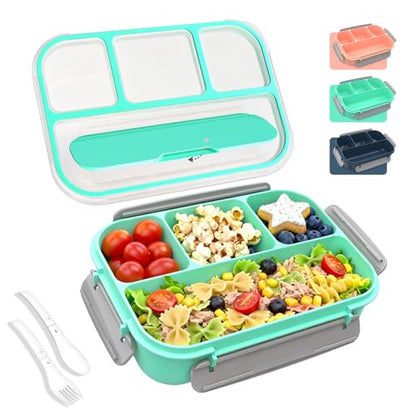 WHALEHOUSE Bento Lunch Box, 1300ML 4 Compartments Meal Prep Container with Utensil, Airtight Food Storage Container with Snap Locking Lids, Microwave/Dishwasher/Freezer Safe, On the Go - color: 1300mL-Green