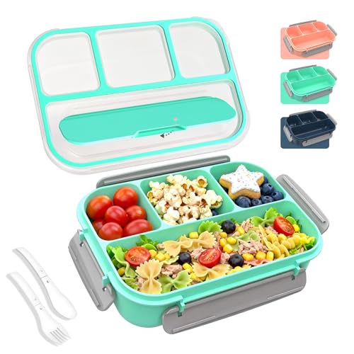 WHALEHOUSE Bento Lunch Box, 1300ML 4 Compartments Meal Prep Container with Utensil, Airtight Food Storage Container with Snap Locking Lids, Microwave/Dishwasher/Freezer Safe, On the Go - color: 1300mL-Green